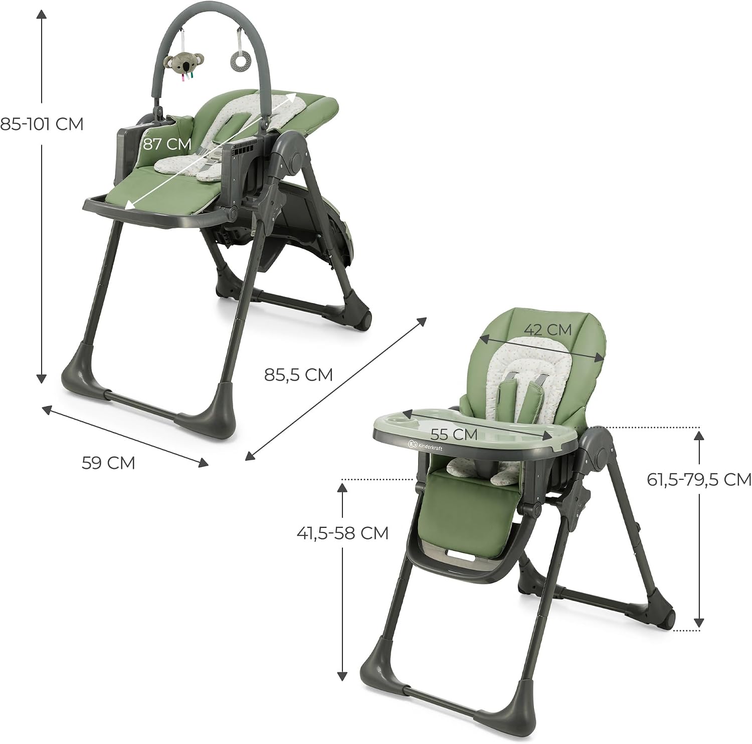Detalle de Kinderkraft Tummie 2-in-1 High Chair & Bouncer, Green