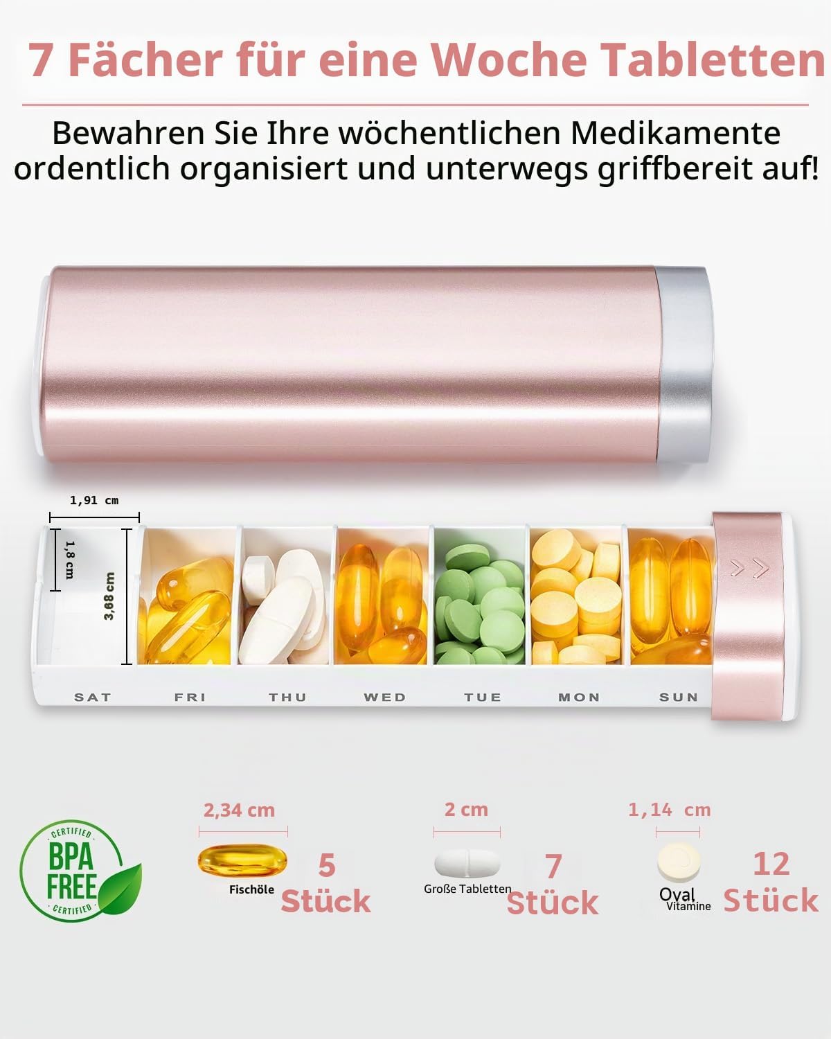 Detalle de Betife Tablettenbox 7 Tage – BPA-freie Wochen- und Reise-Pillendose (Rosa)