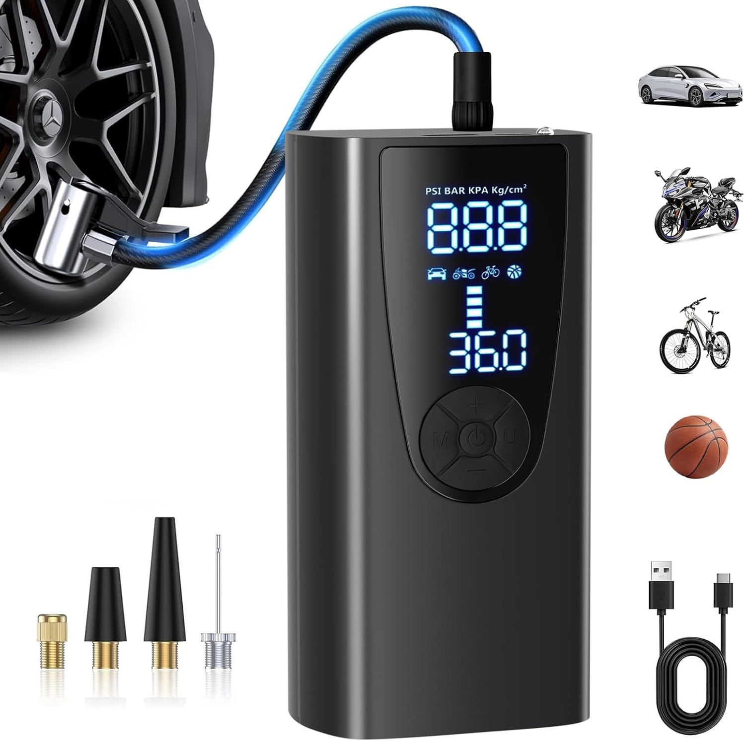 Detalle de Tragbare elektrische Fahrradpumpe mit Akku 6000 mAh – 150 PSI, kabellos, LCD-Druckanzeige, LED-Beleuchtung und Mehrfach-Adaptern