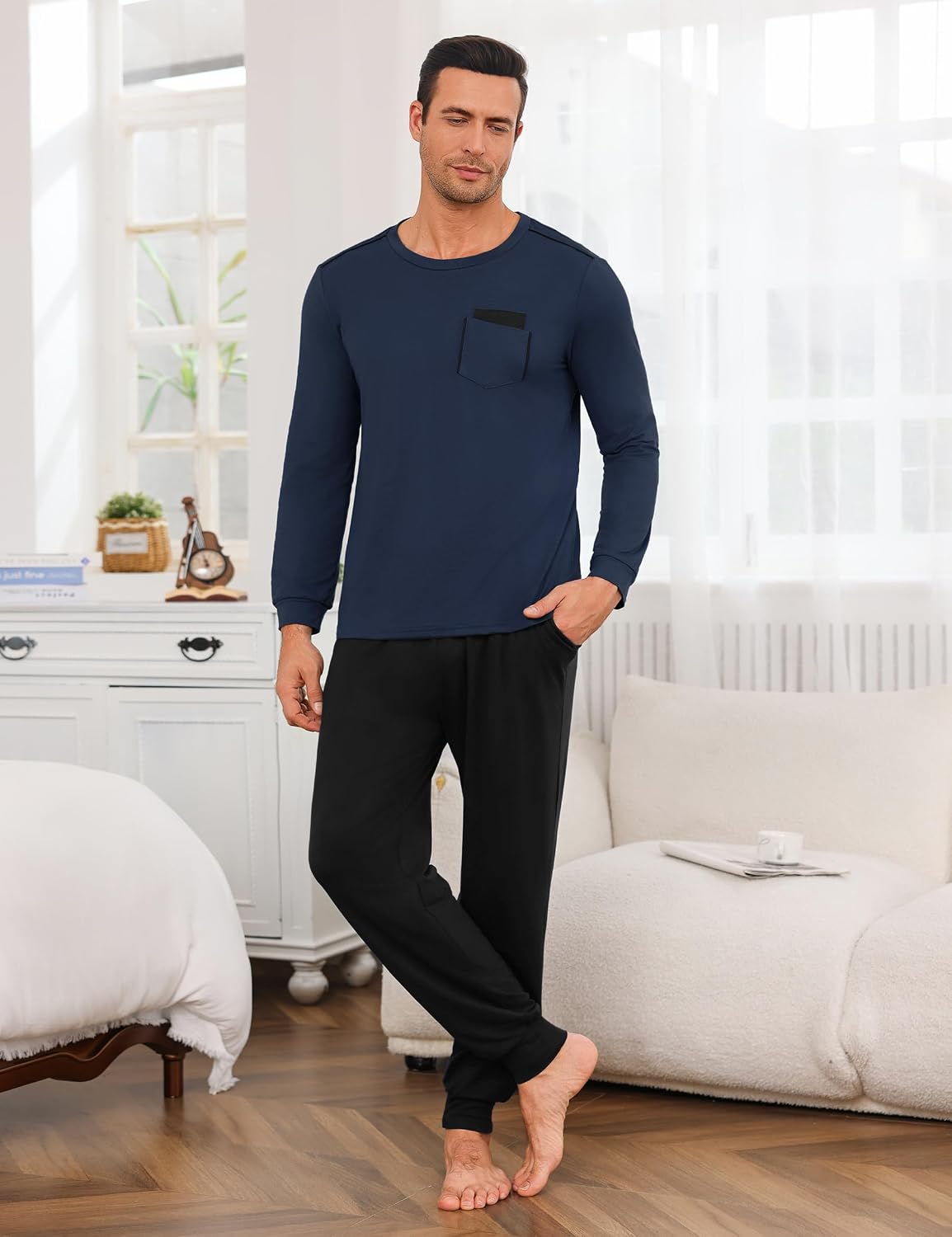 Thumbnail 2 de Uniexcosm Ensemble de Pyjama Homme Hiver en Coton à Manches Longues avec Poches contrastées