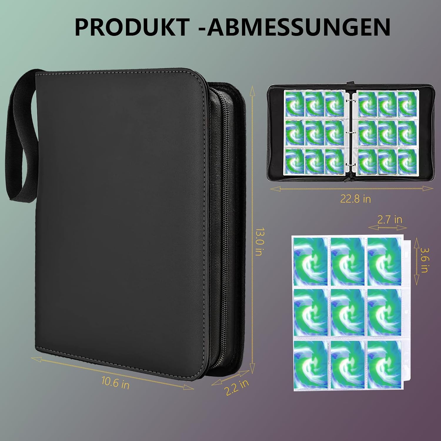 Thumbnail 1 de Sammelkarten Album 900 Karten – 9 Fächer, 50 Seiten, wasserfeste PU-Sammelmappe mit Reißverschluss (Schwarz)