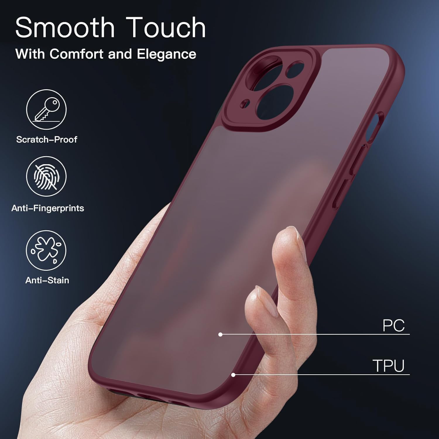 Thumbnail 3 de KPPIT iPhone 15 Case – Shockproof Military Grade Protection, Frosted Translucent in Wine Red