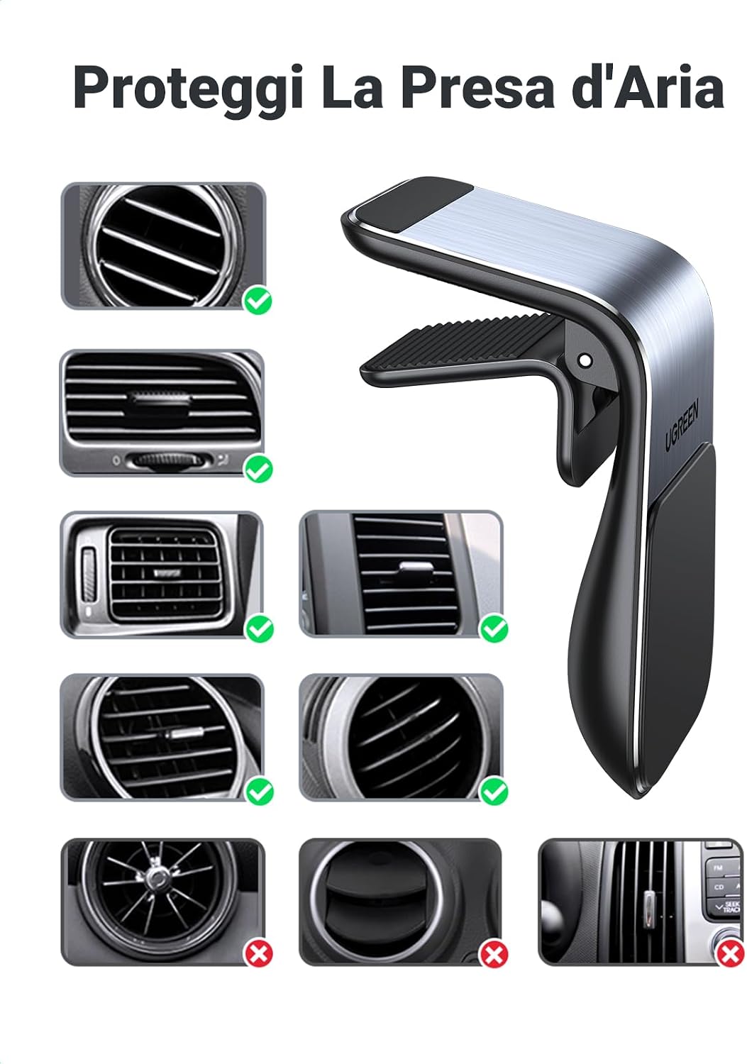 Detalle de UGREEN Porta Cellulare Auto con magneti al neodimio e rotazione 360° per iPhone e Galaxy