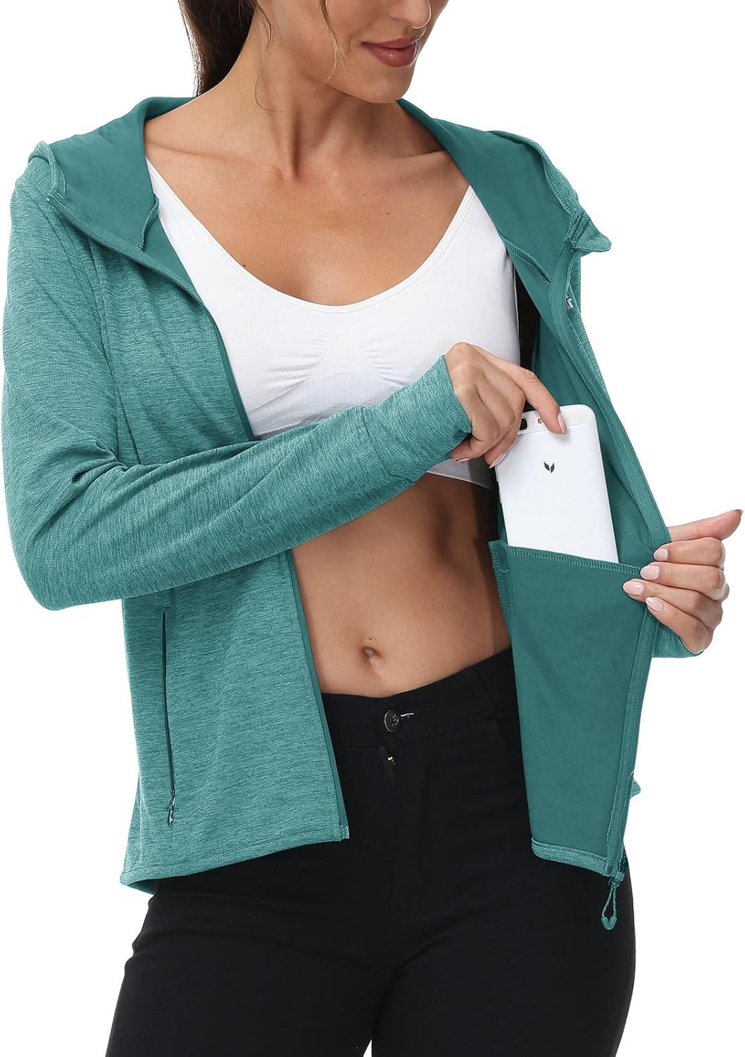Detalle de Rdruko Damen-Laufjacke mit Kapuze UPF50+ – Vollreißverschluss, 4 Taschen, leicht & atmungsaktiv