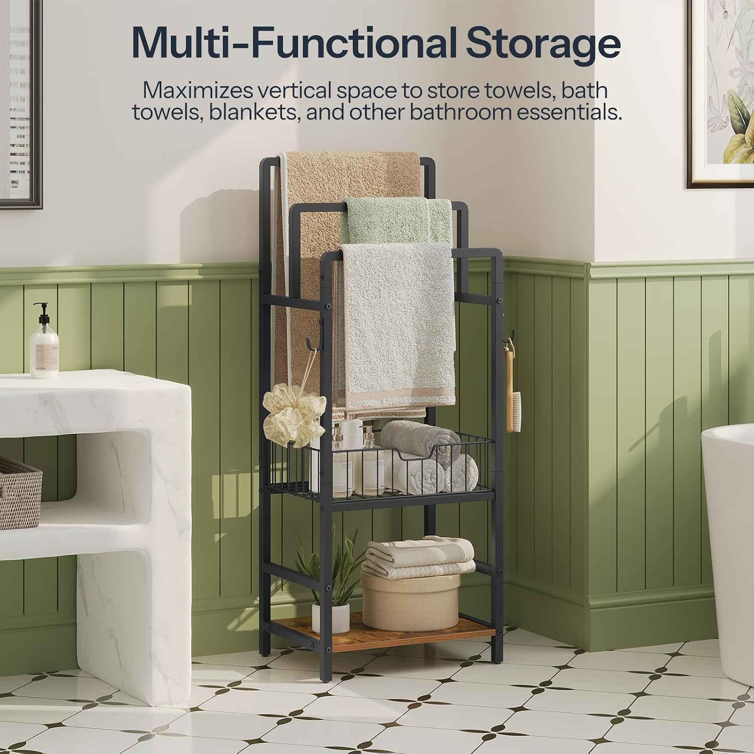 Detalle 1 de HOOBRO BF13LB01 Towel Rack – wolnostojący wieszak z koszem, półką i 3 prętami