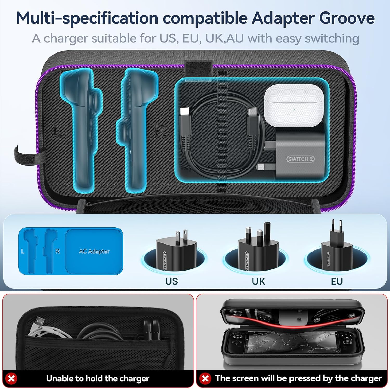 Detalle de OIVO Switch Tasche für Nintendo Switch/OLED/2 – Hartschale mit Aufbewahrung für Joy-Con & Netzteil, lila