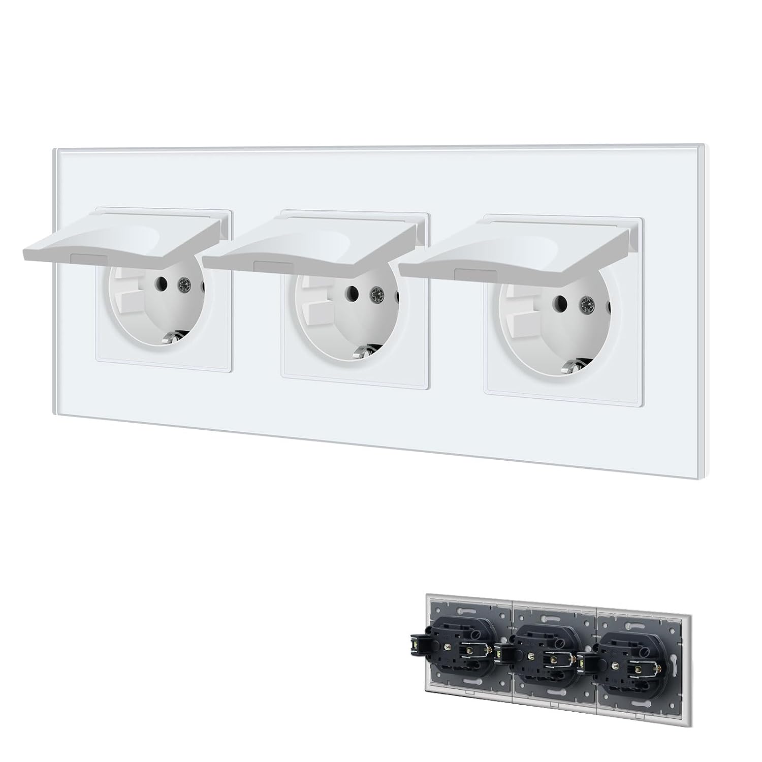 Detalle de BSEED Unterputz-Steckdose 3-fach mit wasserdichter Abdeckung, Kristallglas-Panel – horizontal nutzbar