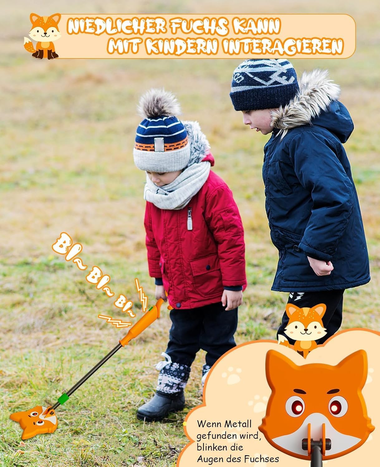 Detalle 2 de Kinder-Metallldetektor OKESAM mit einstellbarem Schaft (30–38 Zoll), Suchspule mit Fuchs-Motiv, Set mit Schaufel und Rechen