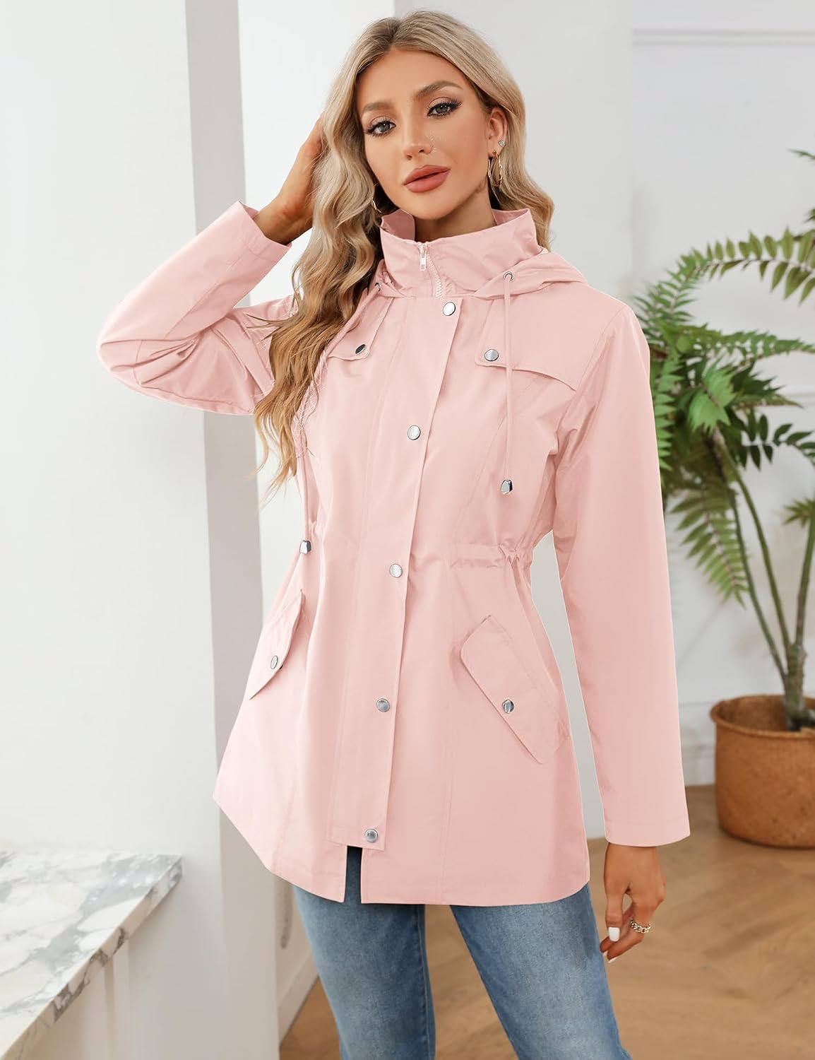 Detalle 2 de LOMON Women Waterproof Outdoor Hiking Raincoat Hooded Rain Jacket with Plaid Lining