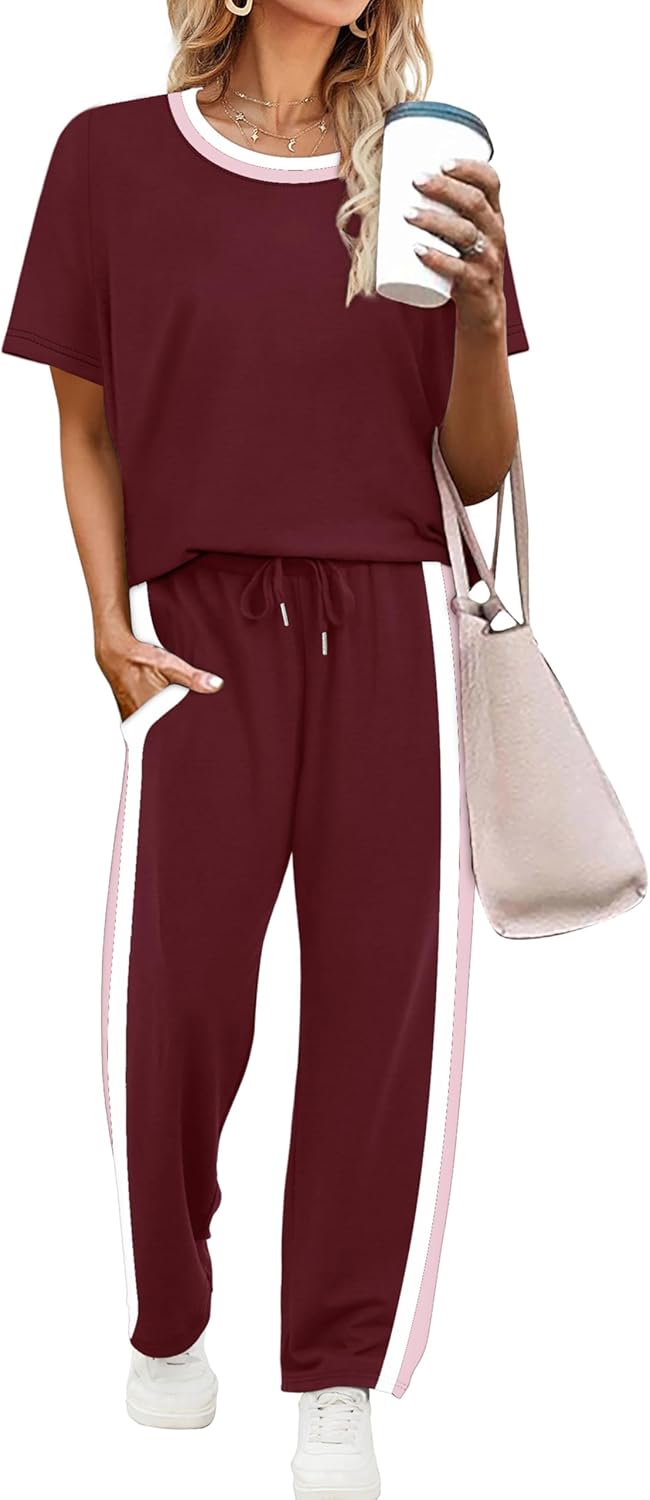 Detalle de WIHOLL 2 Piece Lounge Set for Women — Lightweight Spacer Fabric, Short Sleeve Top & Wide Leg Pants with Pockets