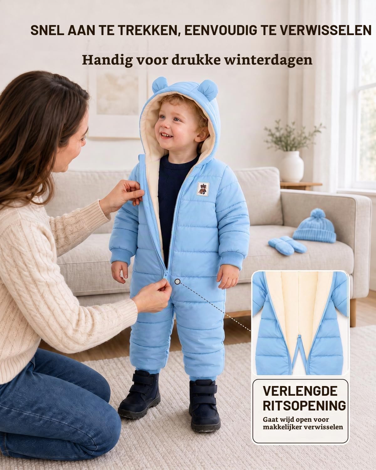 Detalle de JiAmy winterkruippakje met capuchon, fleecevoering en rits