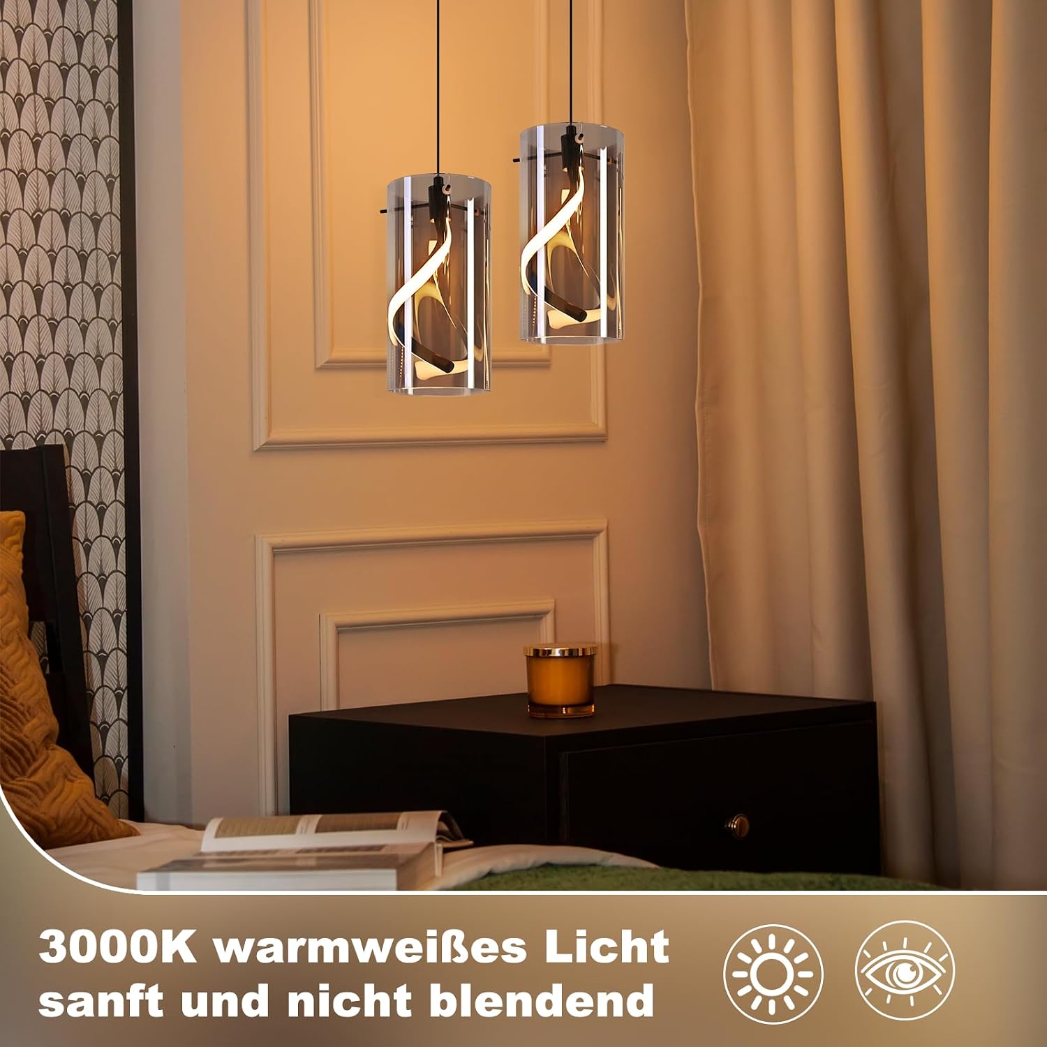Thumbnail 2 de Laittiin LED Pendelleuchte Esstisch Hängelampe Vintage 2er Glas 1flammig 8W Rauchgrau