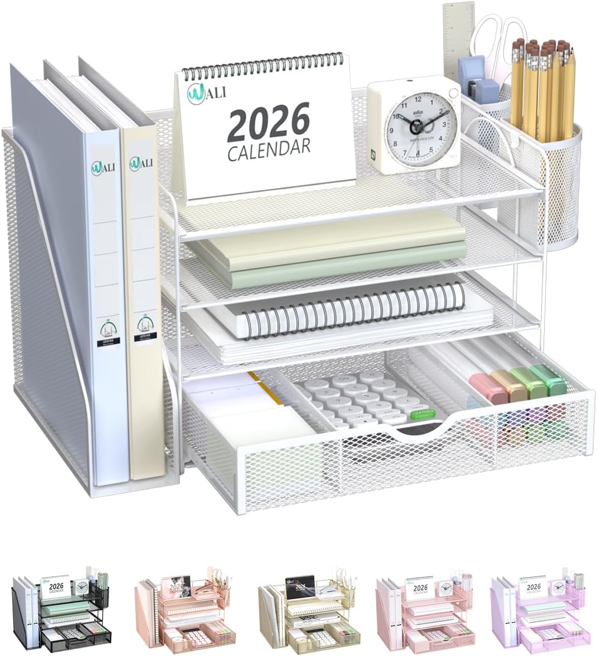 Detalle de WALI DO005DH-W 4-Tier Metal Desk File Organizer with Drawer and Pen Holders
