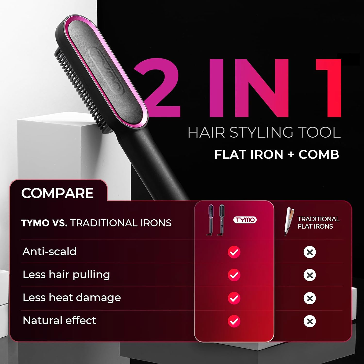 Detalle de TYMO Hair Straightener Brush UK (2-in-1 flat iron & hair brush) with 5 heat settings, black