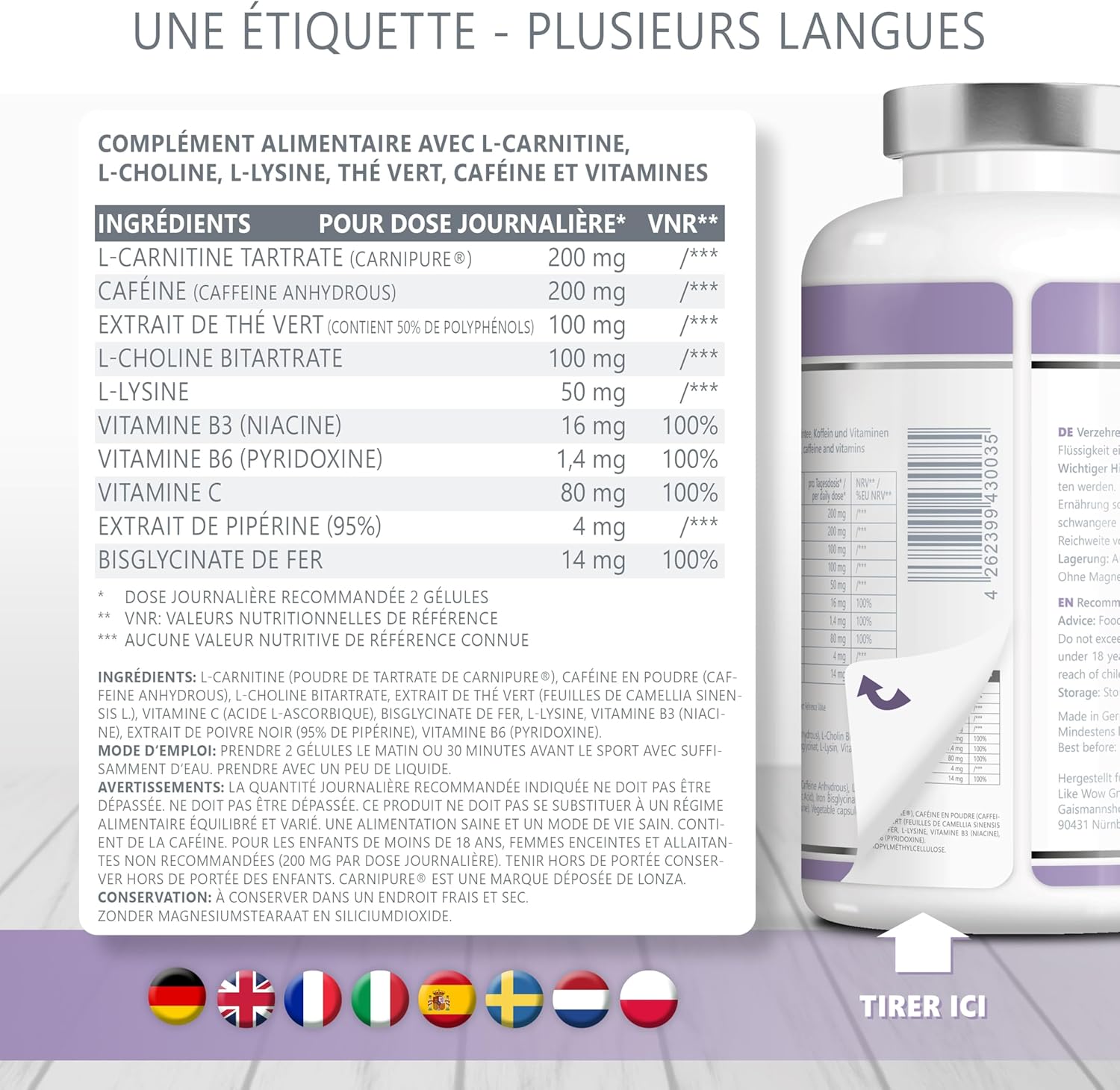 Detalle de Complexe de L-Carnitine Carnipure® – 180 capsules vegan hautes doses avec thé vert, caféine, choline et pipérine