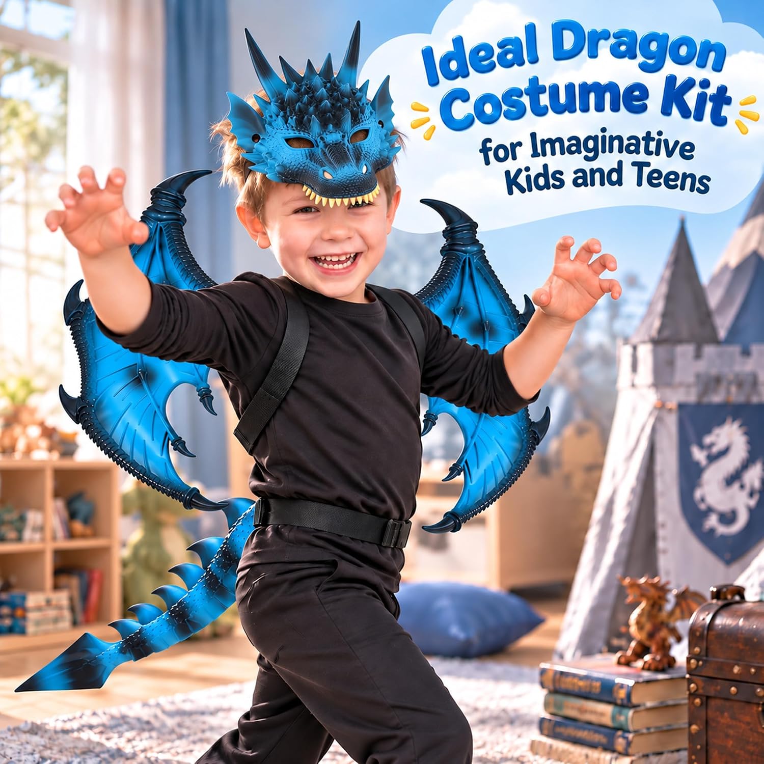 Thumbnail 6 de CRTEPST Dragon Costume for Kids, Ice Blue Mask, Wings and Tail