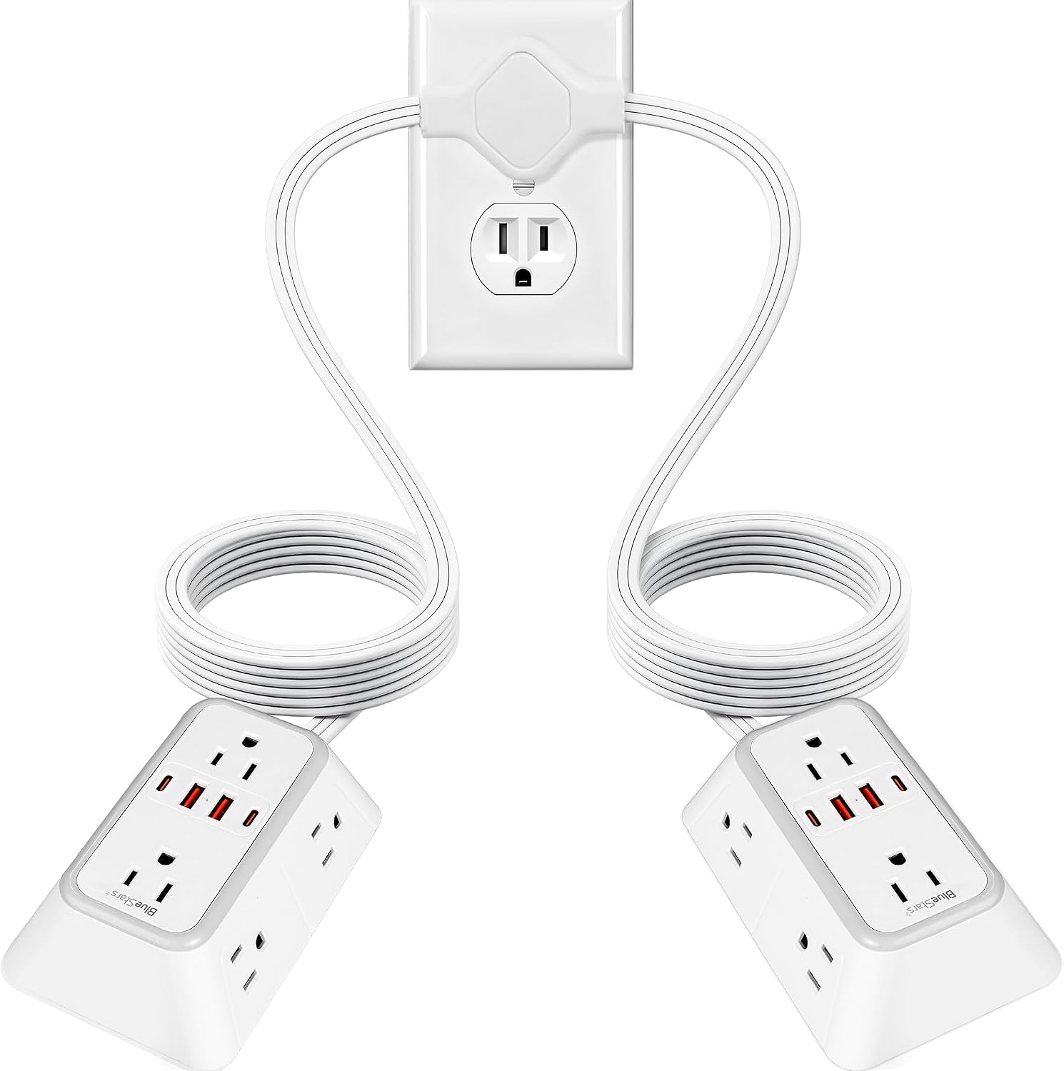 Detalle de BlueStars Twin Extension Cord Splitter, 12-Foot Split Cord, Flat Plug, 1050J Surge Protection