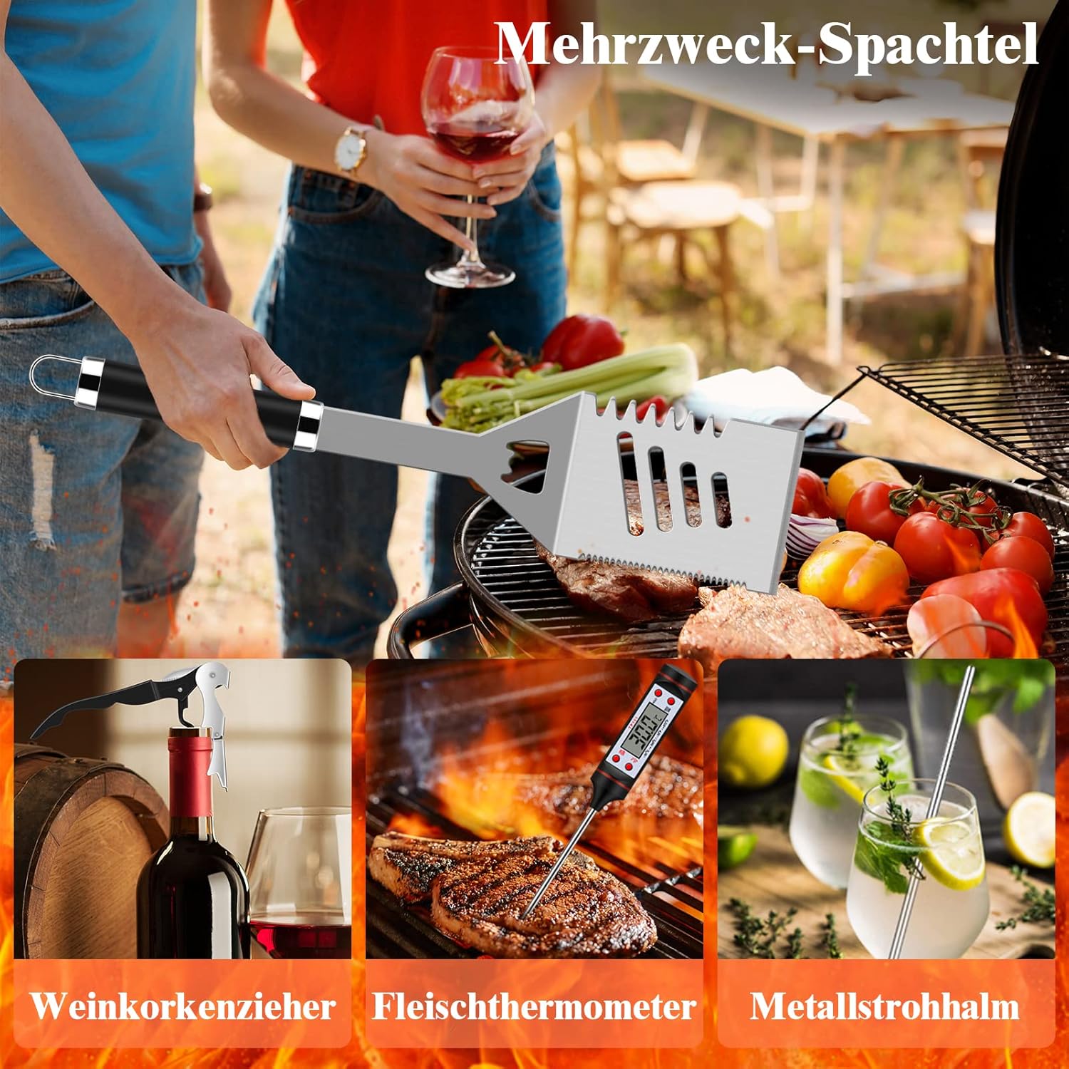 Detalle de Grilliance set di 38 posate per barbecue in acciaio inox con valigetta, nero