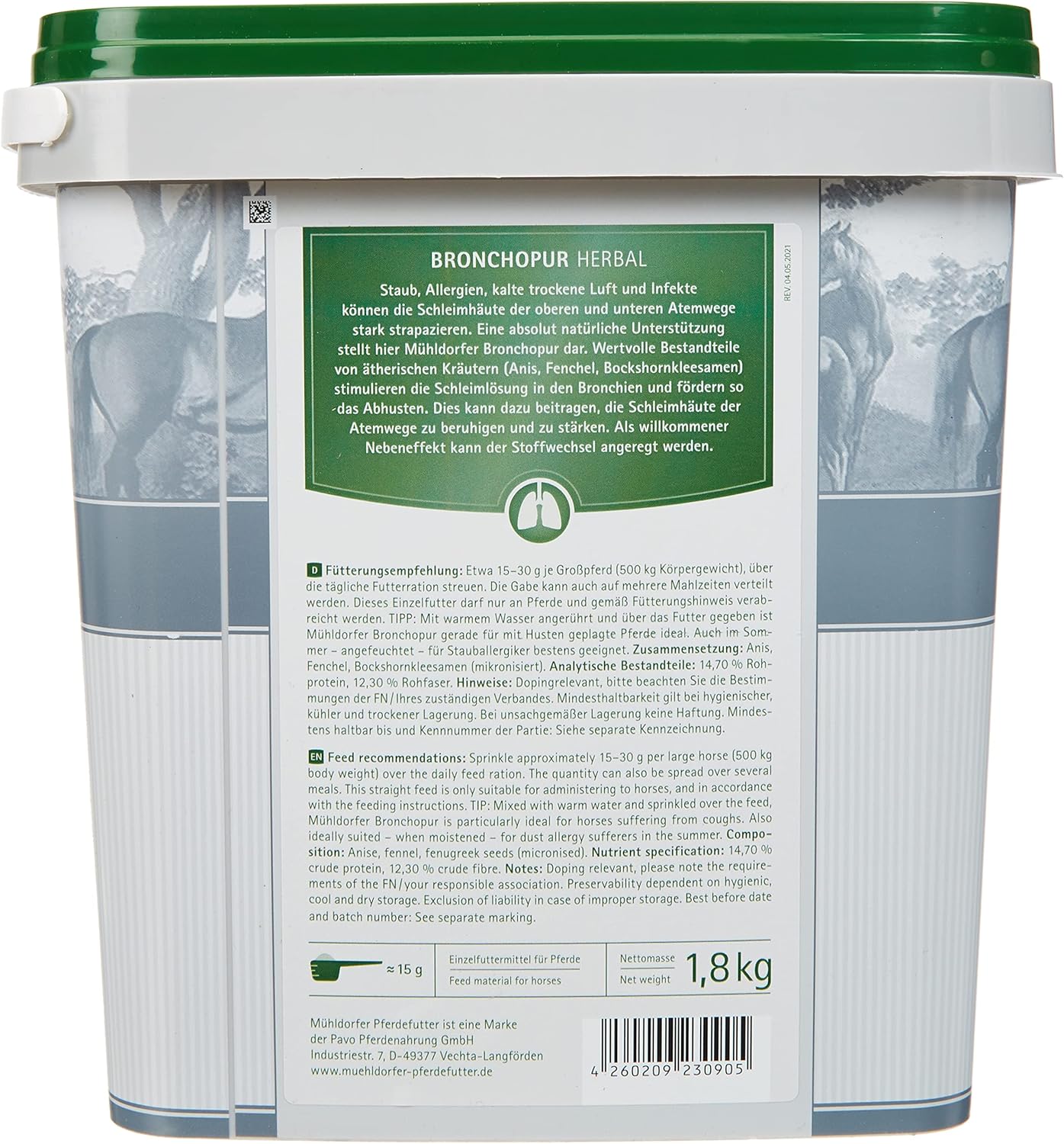 Detalle de Mühldorfer Bronchopur Herbal – 1,8 kg: Natürliches Hustenmittel für Pferde mit inhalativem Effekt