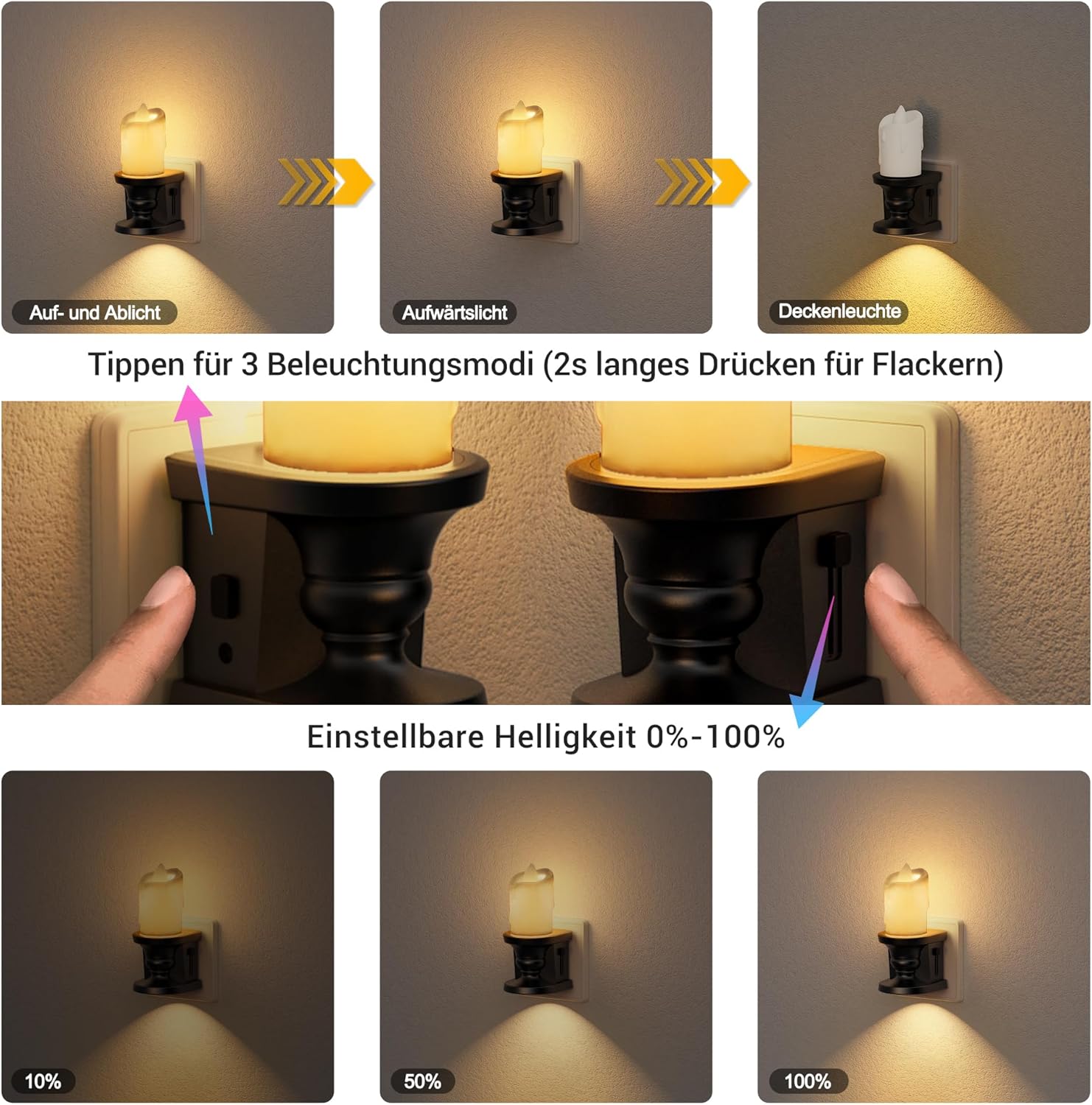 Thumbnail 3 de JandCase Nachtlicht im Vintage-Kerzen-Design – dimmbar (0–100 lm) mit Dämmerungssensor, LED ohne offene Flamme (1 Stück)