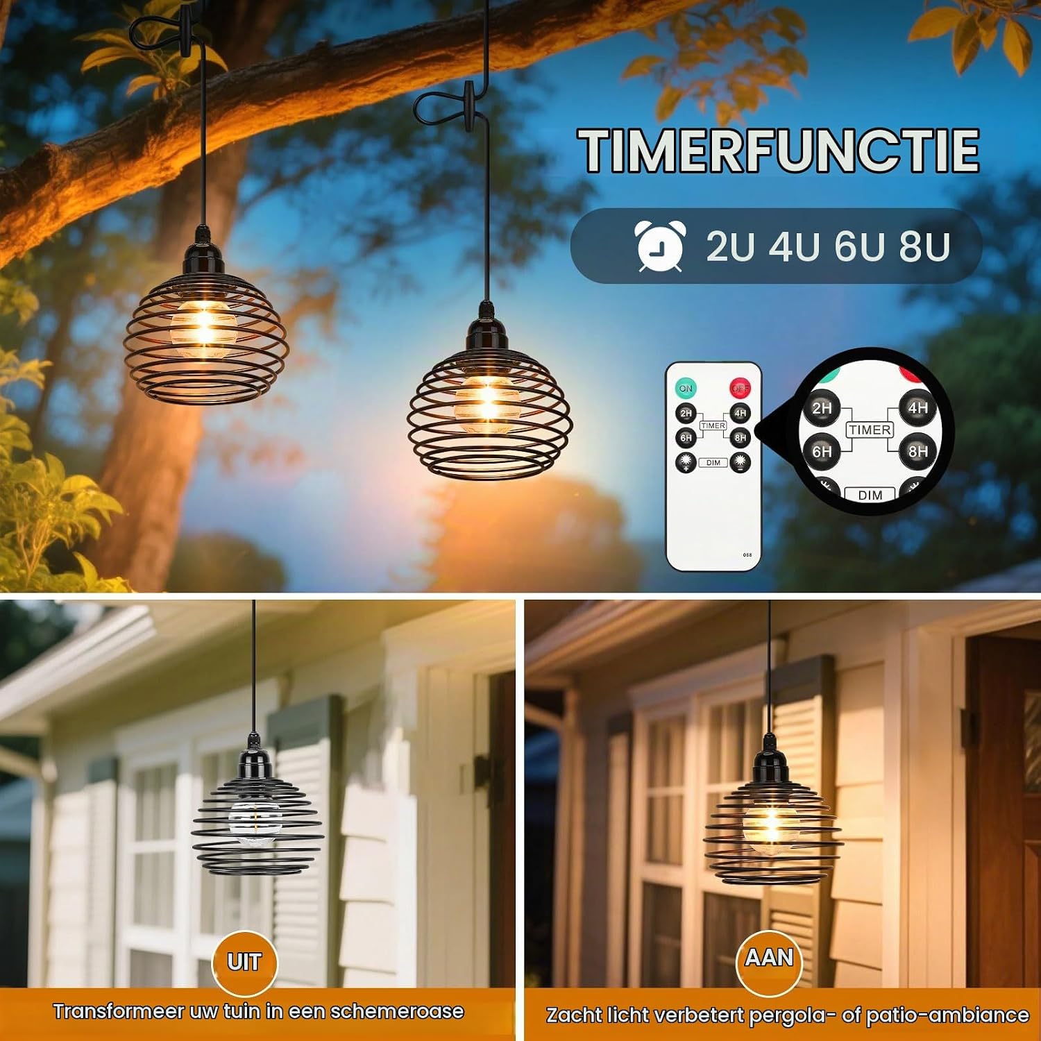 Detalle de Glowlit YX-80011934 draadloze hanglamp met E27-fitting, dimmer en timer