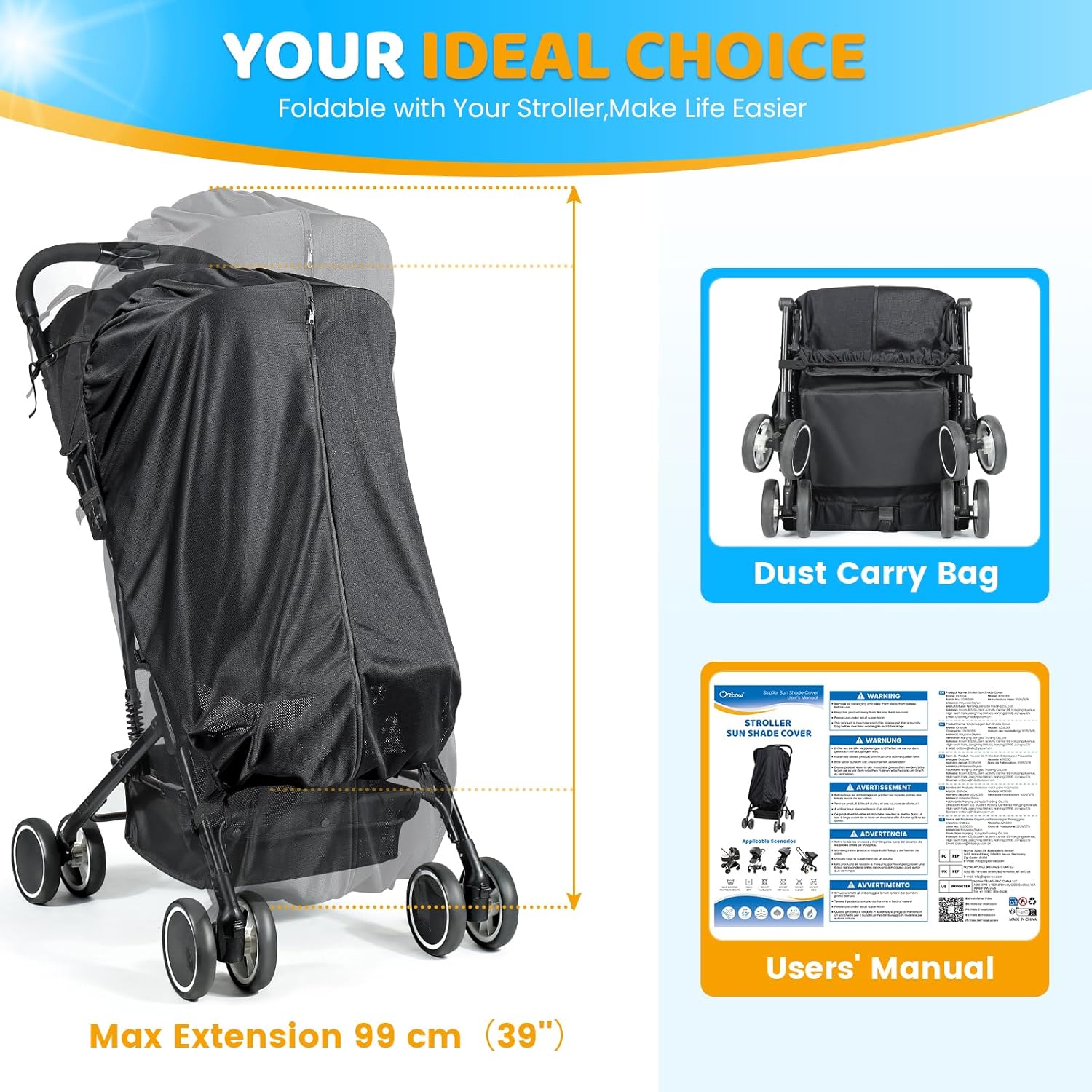 Detalle 2 de Orzbow Pram Sun Shade (Universal, Breathable) with Two-Way Zip – UPF 50+ UV protection, black