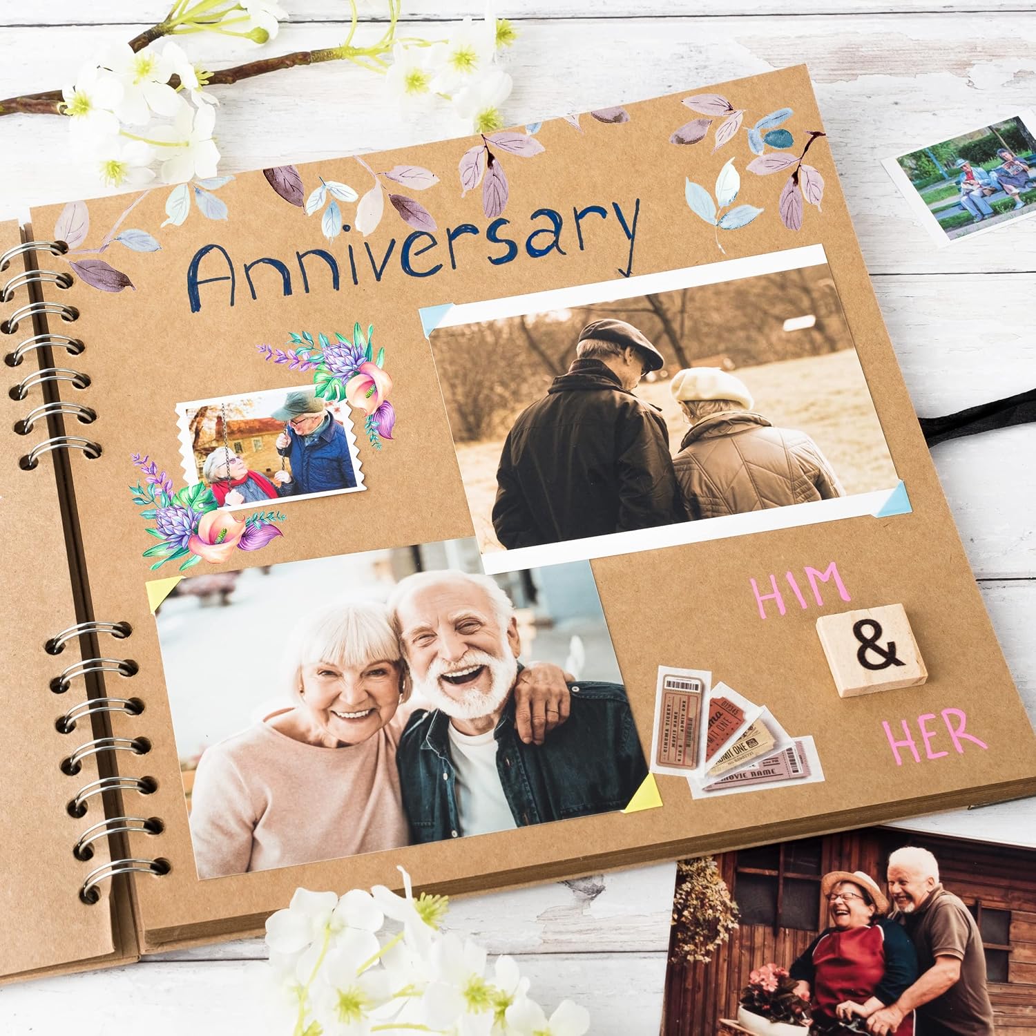 Thumbnail 6 de Bstorify Large Scrapbook 25.4 x 25.4 cm | 70 Pages Kraft Paper Memory Book with Ribbon Closure