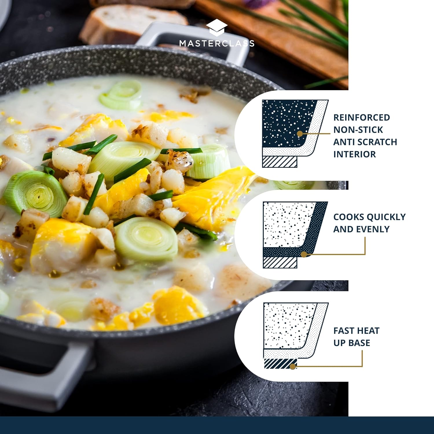 Detalle de MasterClass Casserole peu profonde avec couvercle 4L/28 cm en fonte d'aluminium légère – Grey Ombre