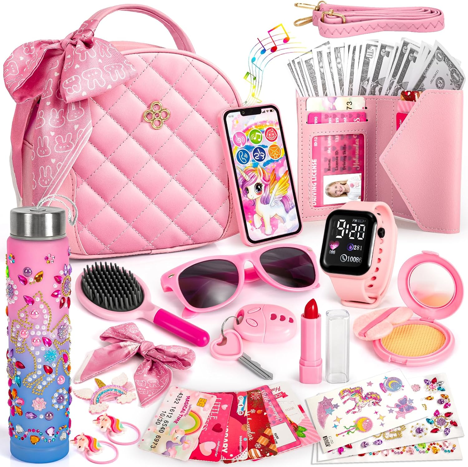 Hohosunlar Play Purse Set for Little Girls (Kids Handbag + Pretend Makeup, Craft Water Bottle & Accessories) for Ages 3–12