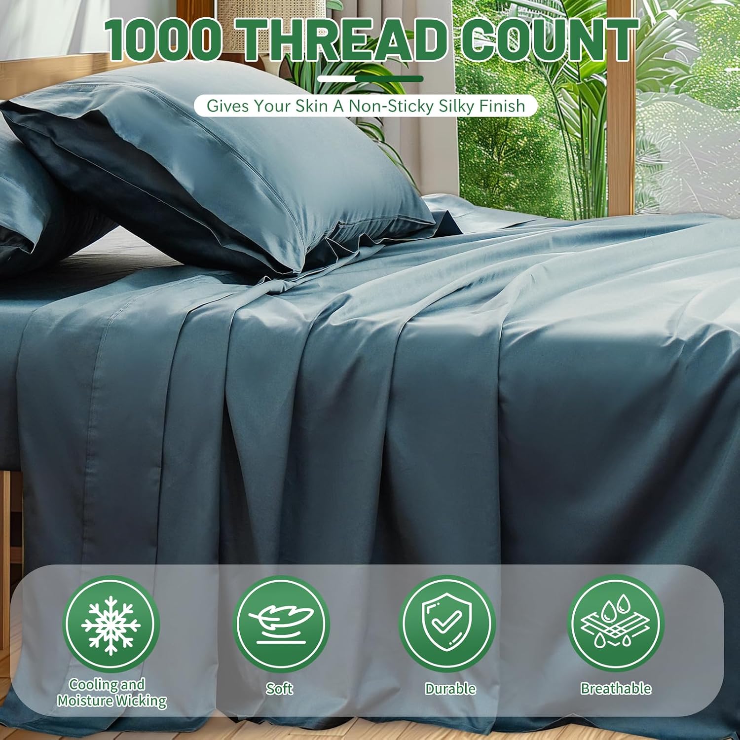 Detalle de Overket Egyptian Cotton Sheets Full Size 4PCS, 1000 Thread Count, Lake Blue
