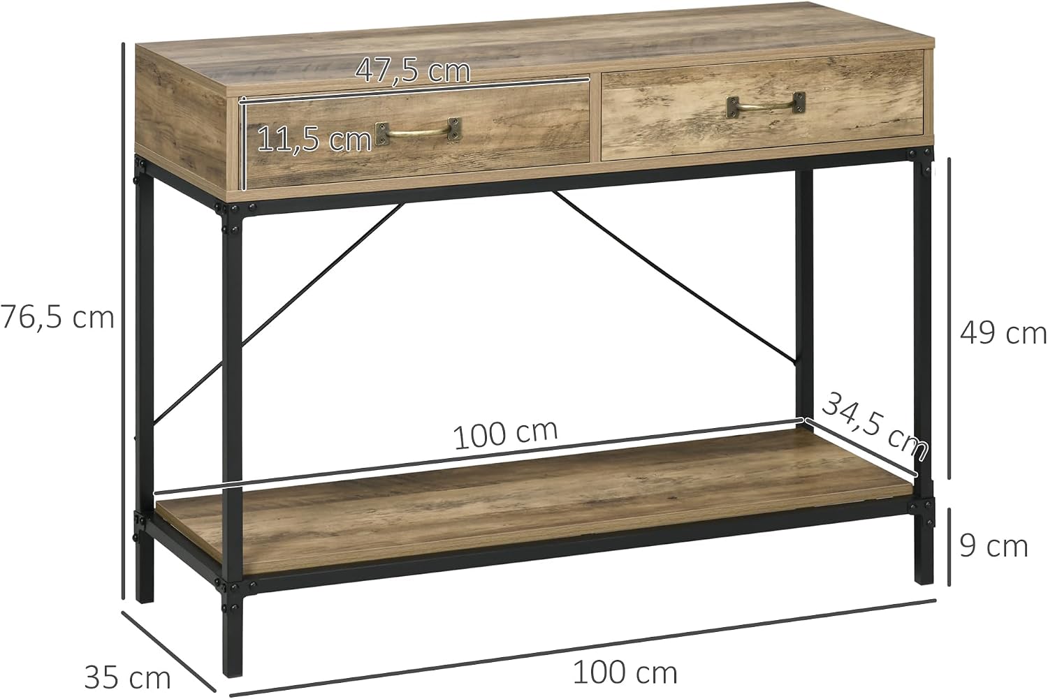 Thumbnail 2 de HOMCOM Table Console d’entrée industrielle avec 2 tiroirs et plateau aspect bois (100 x 35 x 76 cm)