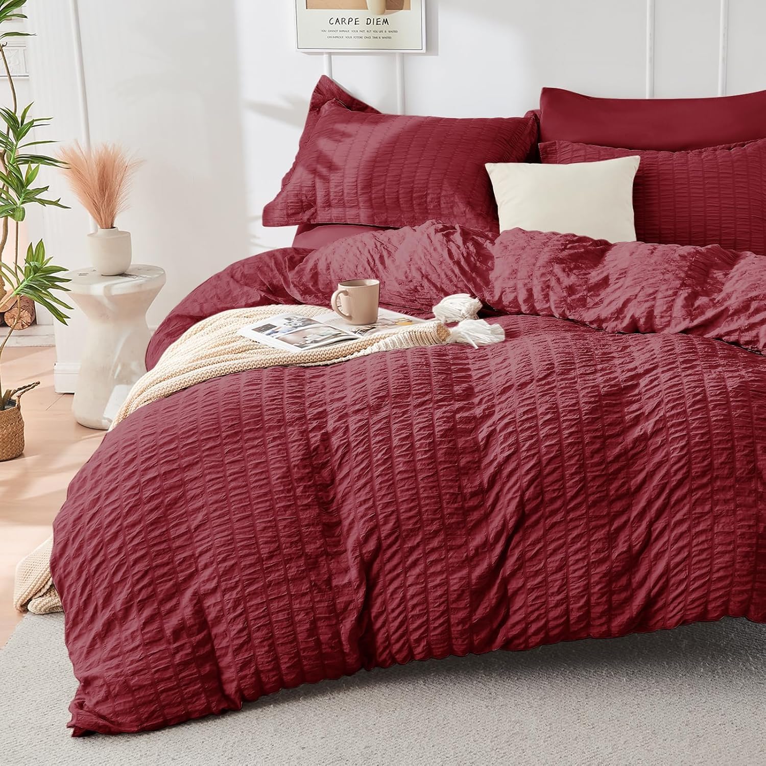 Thumbnail 1 de HYMOKEGE 7-Piece King Seersucker Duvet Set in Burgundy