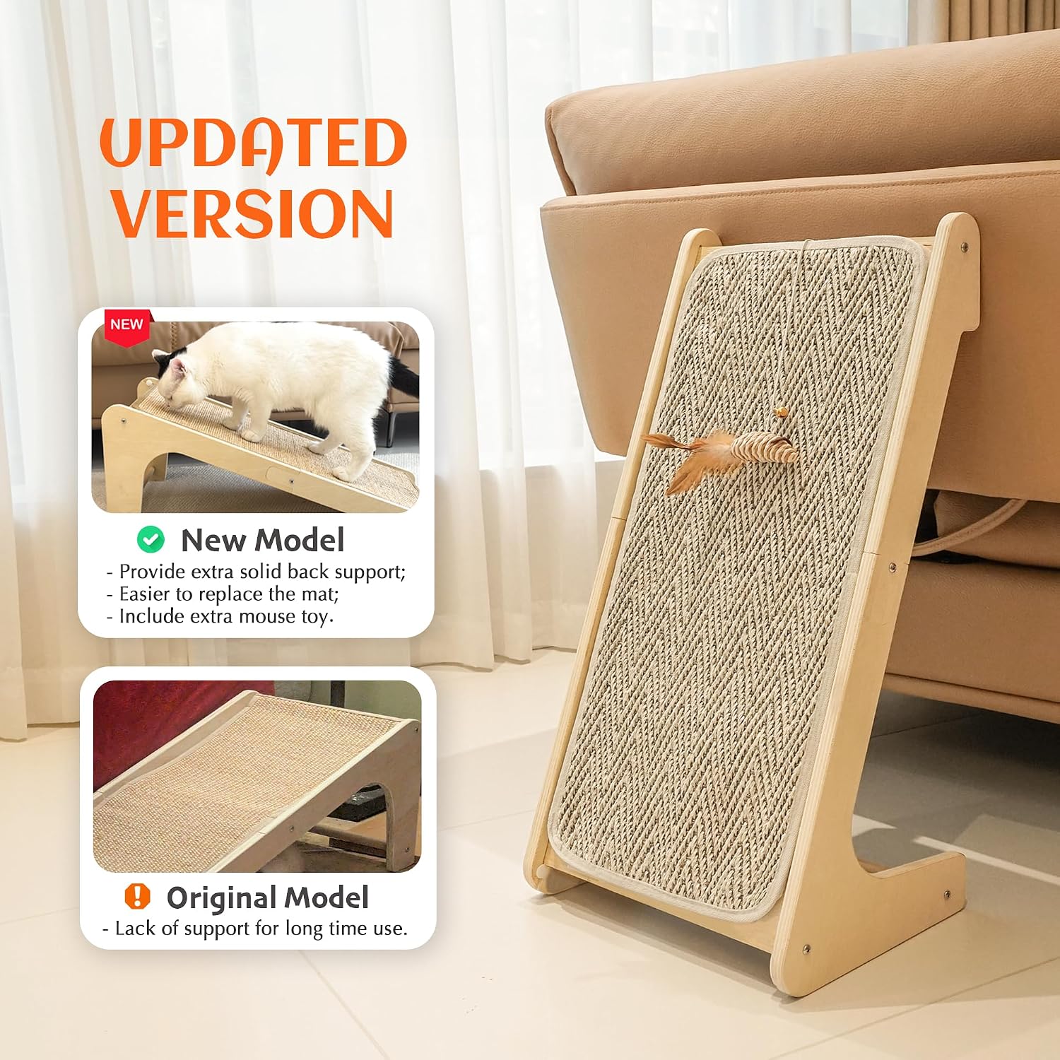 Detalle de PETKARAY Cat Scratcher: Sisal Ramp, 27" L-Shape Wall Protection and Mouse Toy