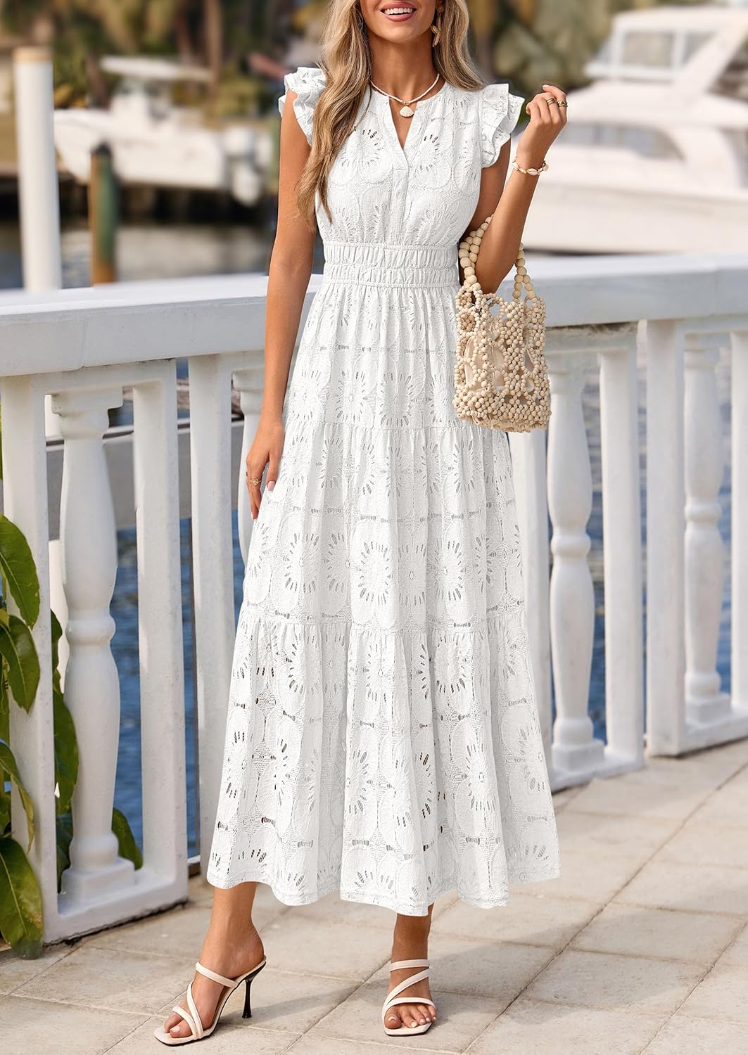 Detalle de PRETTYGARDEN Women's Boho Maxi Dress – Floral Lace Eyelet V-Neck (2026 Summer)