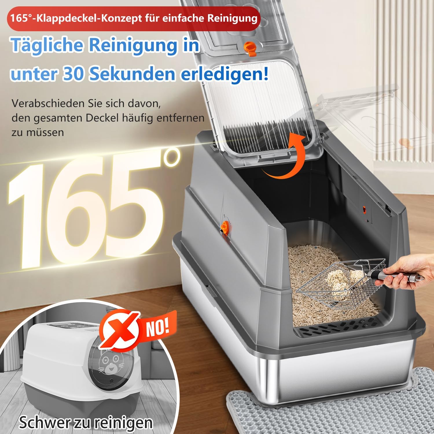 Detalle 2 de Edelstahl Katzenklo mit Deckel 155° Klappdeckel XL – hochwertiges, geschlossenes Katzenklo aus 304 Edelstahl