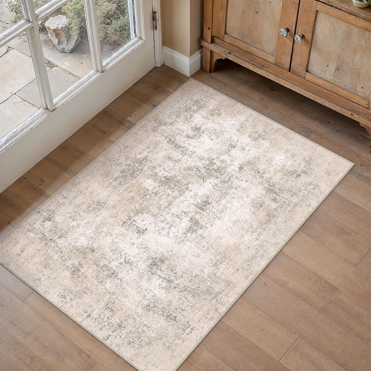 Detalle de PureCozy Modern Abstract Area Rug 120x170cm – Beige Washable, Non-Slip Plush Carpet