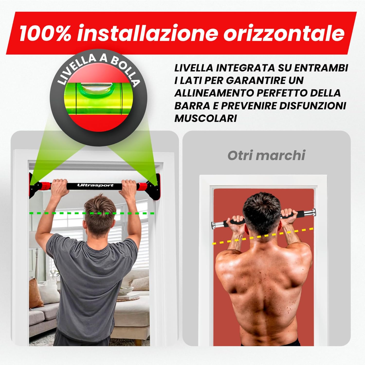 Detalle de Ultrasport Barra per trazioni: barra per porta regolabile 66,5–93 cm, senza viti, antiscivolo e presa in schiuma