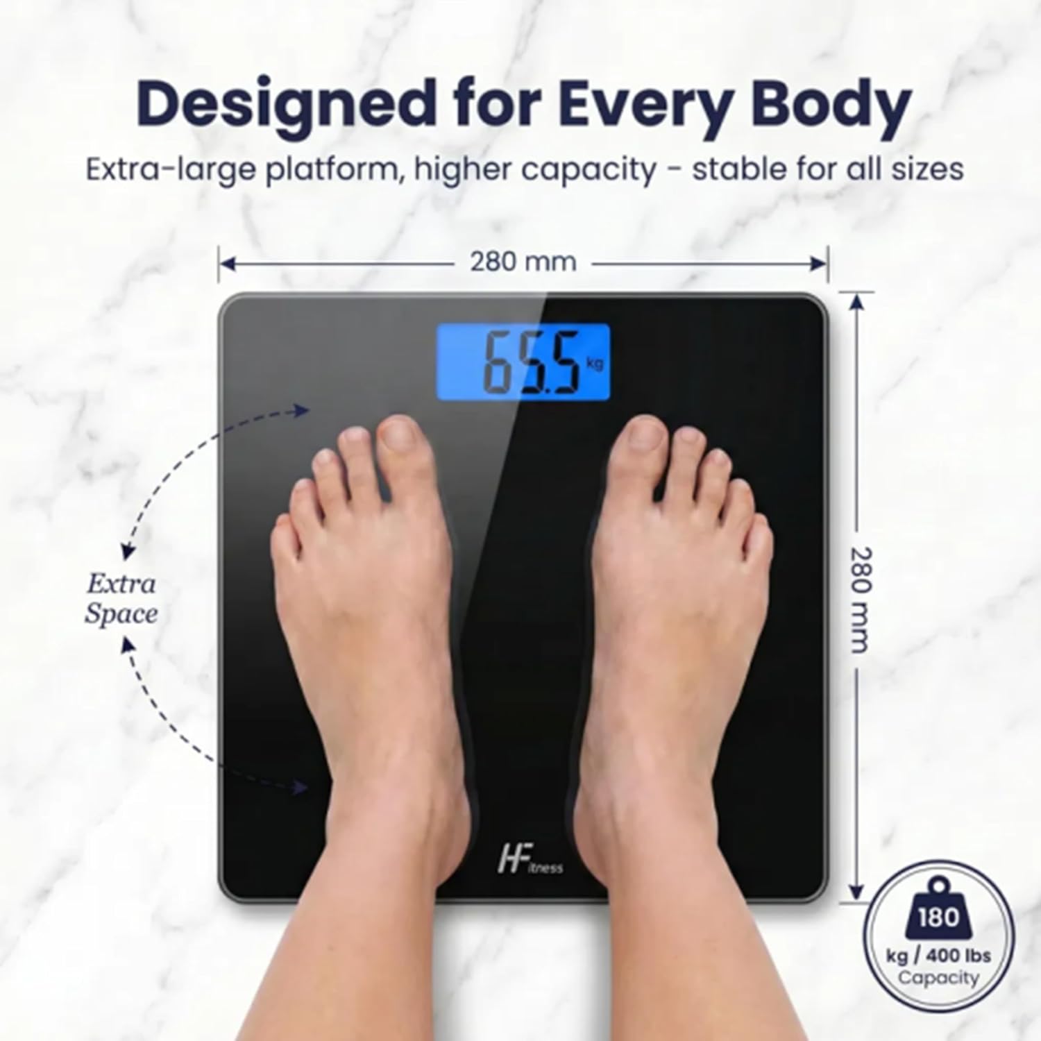 Detalle de HomeFashion HFitness 903-B digital badrumsvåg, 180 kg och bakgrundsbelyst LCD