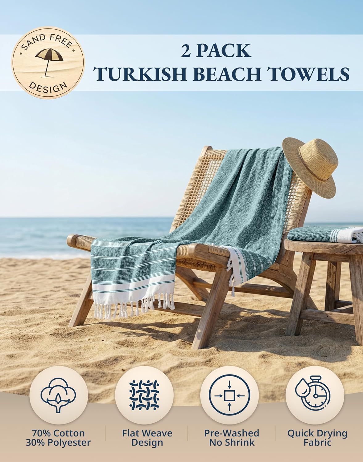 Thumbnail 1 de LANE LINEN Turkish Beach Towels, Baltic – 2 Pack, Extra Large 39" x 71", Sand-Free & Quick-Dry