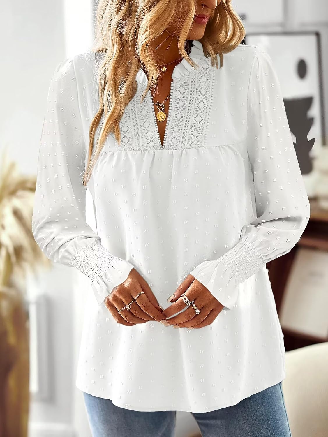 Detalle 1 de Falechay Womens Tops Boho Blouse for Women, Lace-Trim V-Neck, Long Sleeve