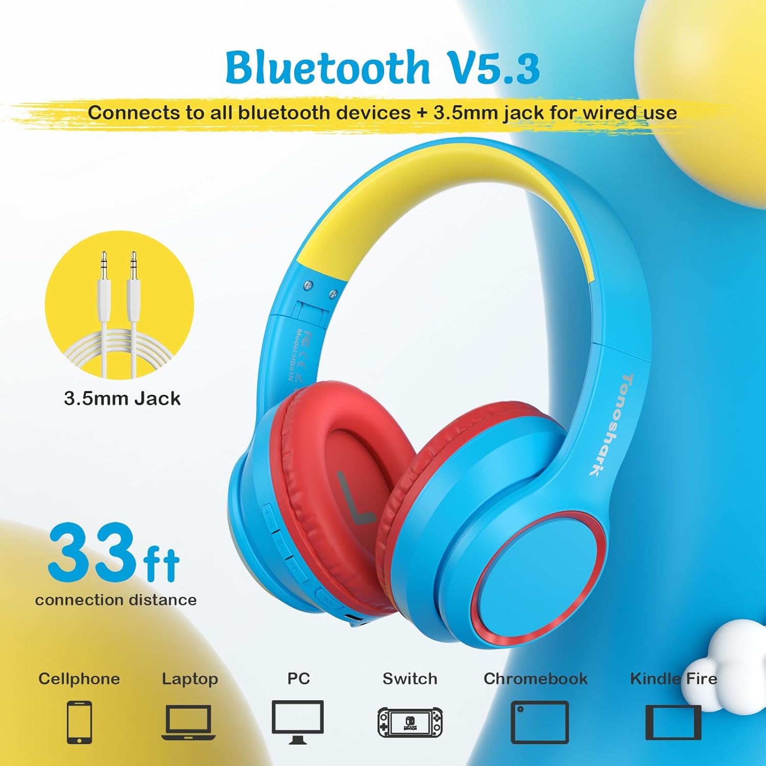 Thumbnail 5 de TONOSHARK Kids Wireless Headphones: Comfortable, Foldable Bluetooth for School and Travel