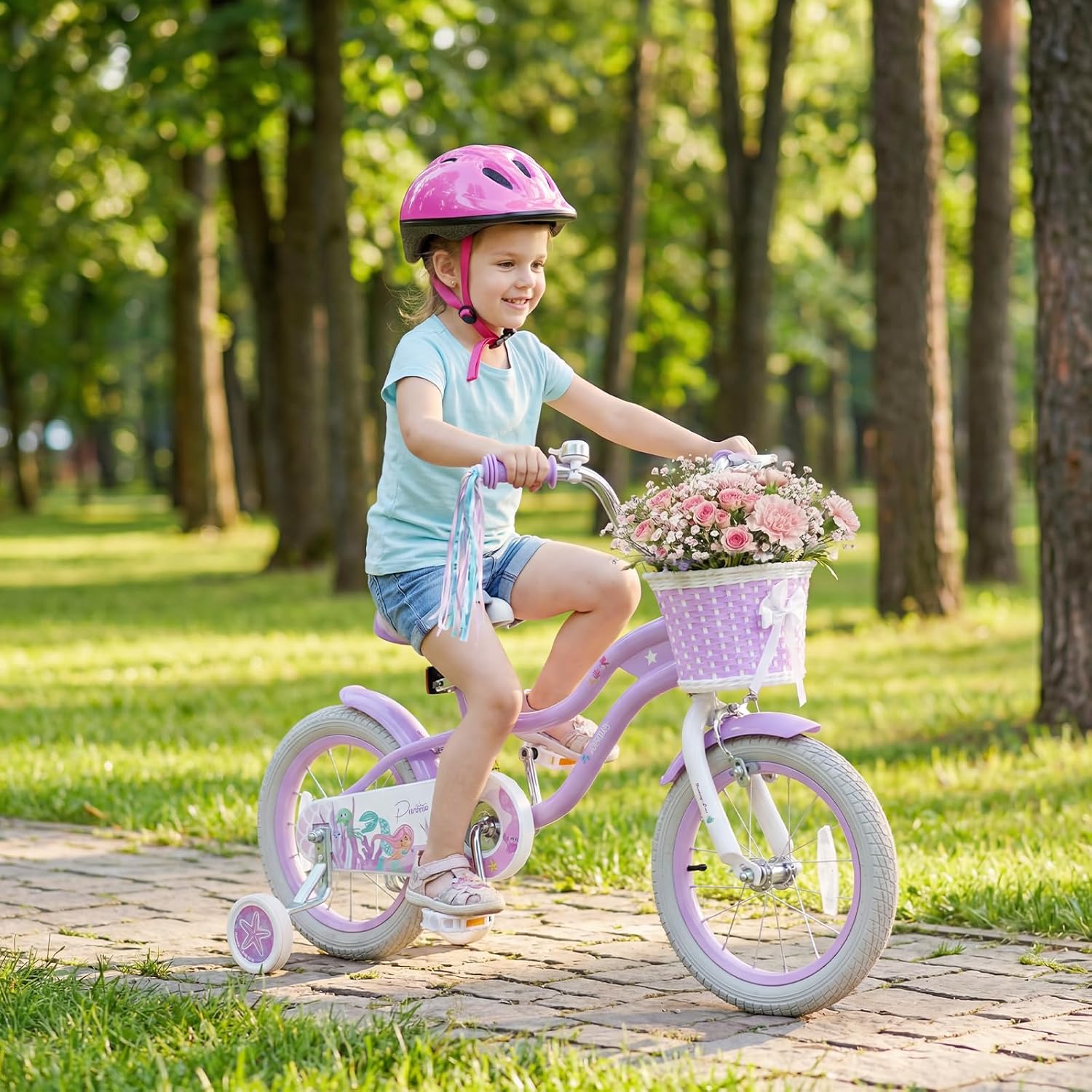 Detalle de Olakids Mermaid Theme Kids Bike — 12–20 Inch Bicycle with Training Wheels, Basket, Adjustable Seat and Handlebar