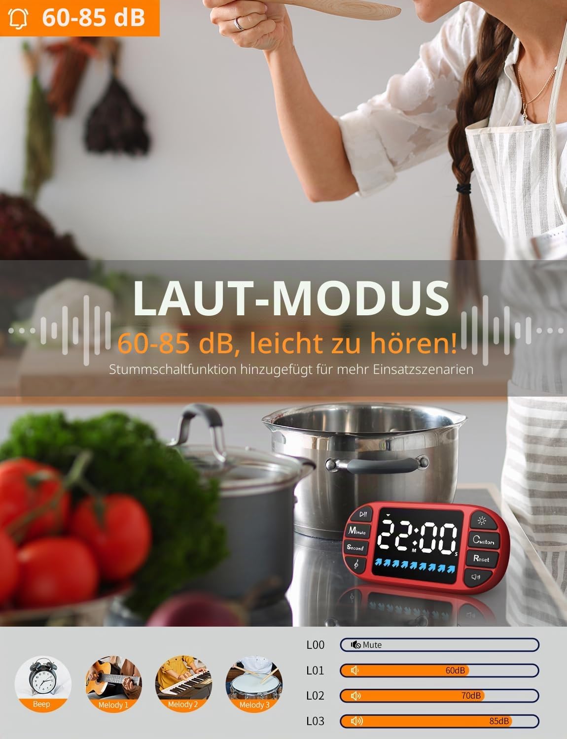 Detalle 1 de Digitaler Küchentimer Magnetisch – LED-Anzeige 3,6 Zoll, 4 Alarmtöne, 4 Lautstärken, Kindersicherung (Rot)