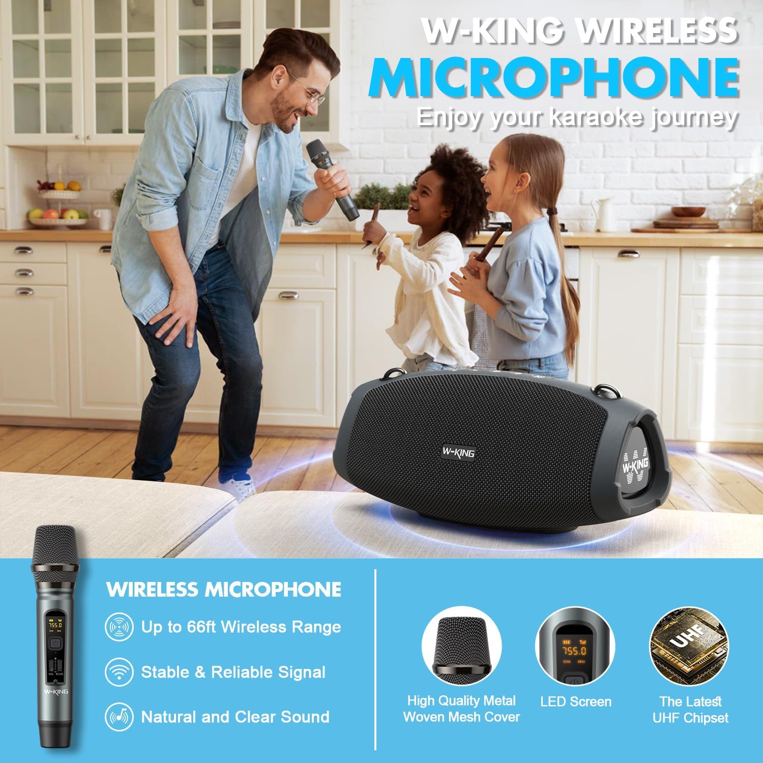 Detalle de W-KING Bluetooth-Lautsprecher (70 W RMS/120 W Peak) mit kabellosem Mikrofon, IPX6 – Outdoor-Box für Musik & Ansagen