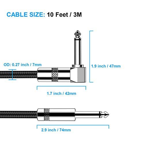 Detalle de New Bee Guitar Cable 10ft: Quiet, Flexible 1/4" Instrument Cord for Guitar, Bass, and More