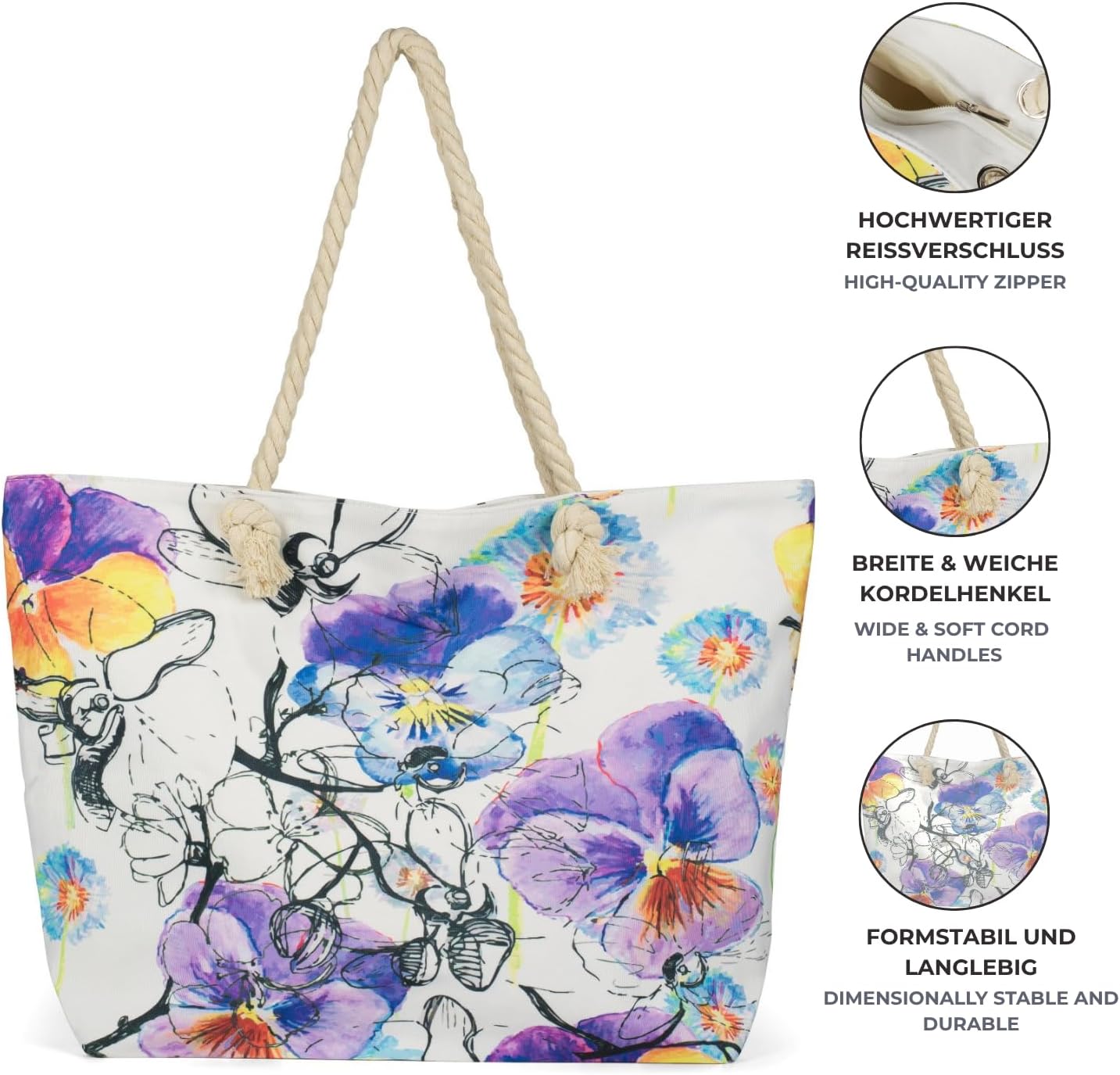 Detalle de styleBREAKER Borsa da spiaggia Ladies XXL con stampa floreale viola – ampia, pratica e versatile