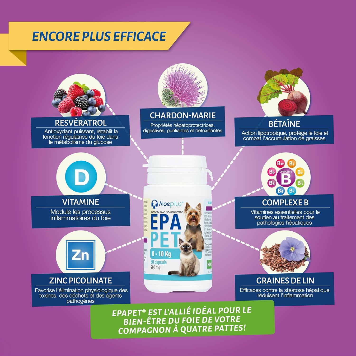 Detalle de ALOEPLUS EpaPet - Complément naturel en capsules pour le foie des chiens et chats de petite taille (0-10 kg) avec chardon-Marie, bétaïne et vitamines