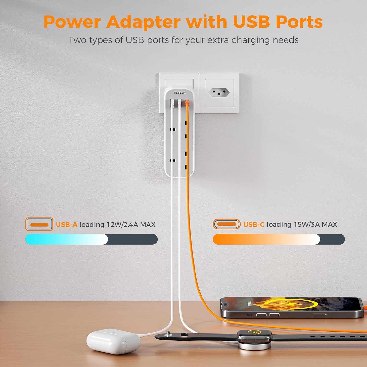Thumbnail 3 de TESSAN UK to European Plug Adapter with 3 USB (1 USB-C) – Type E/F Schuko Travel Adapter for EU & more