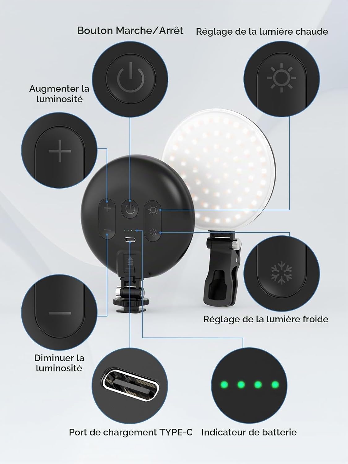 Thumbnail 4 de Smiling Shark LED Lampes Vidéo D6: Lampe compacte à clip et sabot froid pour téléphone et caméra