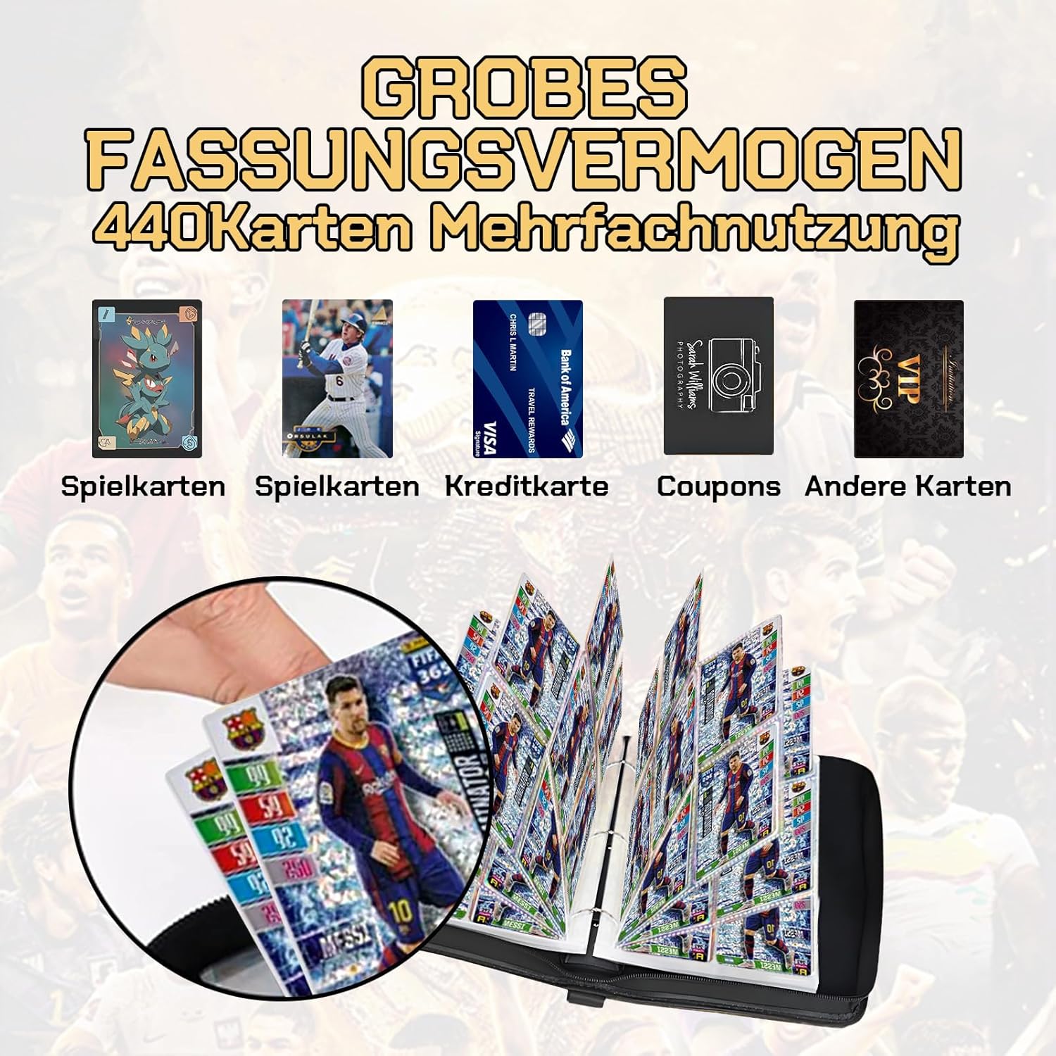 Thumbnail 4 de Sammelalbum für Fußballkarten mit 440 Sammelkarten & 55 Seiten (4 Taschen) – wasserdichtes PU-Leder, mit Reißverschluss